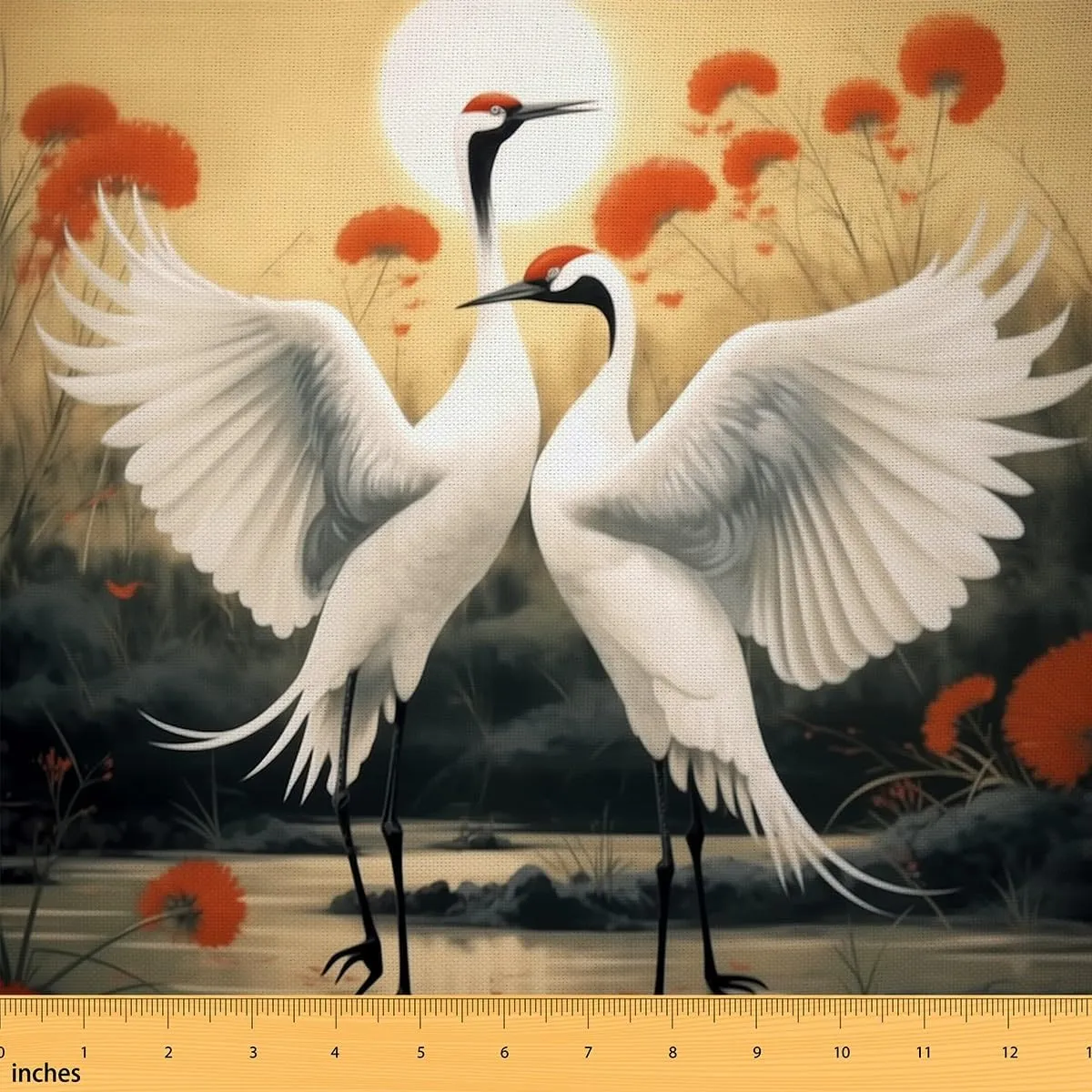 Erosebridal Red-Crowned Crane Fabric by The Yard, Asian Culture Yellow Decorative Fabric, Japanese Ukiyo-E Upholstery Fabric, Wild Animals Safari Indoor Outdoor Fabric for Adults Teens, 1 Yard