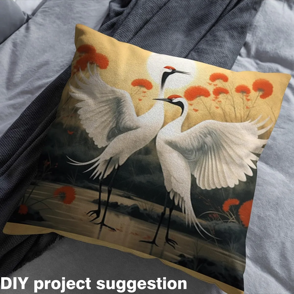 Erosebridal Red-Crowned Crane Fabric by The Yard, Asian Culture Yellow Decorative Fabric, Japanese Ukiyo-E Upholstery Fabric, Wild Animals Safari Indoor Outdoor Fabric for Adults Teens, 1 Yard