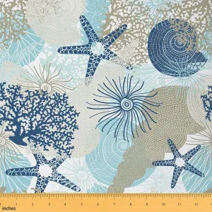 Erosebridal Starfish Fabric by The Yard,Coastal Animal Upholstery Fabric for Kids Girls,Beach Shell Decorative Fabric,Coral Sealife DIY Art Waterproof Fabric,2 Yards for Quilting Sewing,Blue Gray