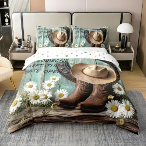 Erosebridal Western 100% Cotton Duvet Cover King for Kids Teens Adults,Disco Boots and Hat Cap Bedding Set,Retro Wooden Plank Bed Set,Groovy Daisy Quilt Cover with 2 Pillow Shams for Bedroom