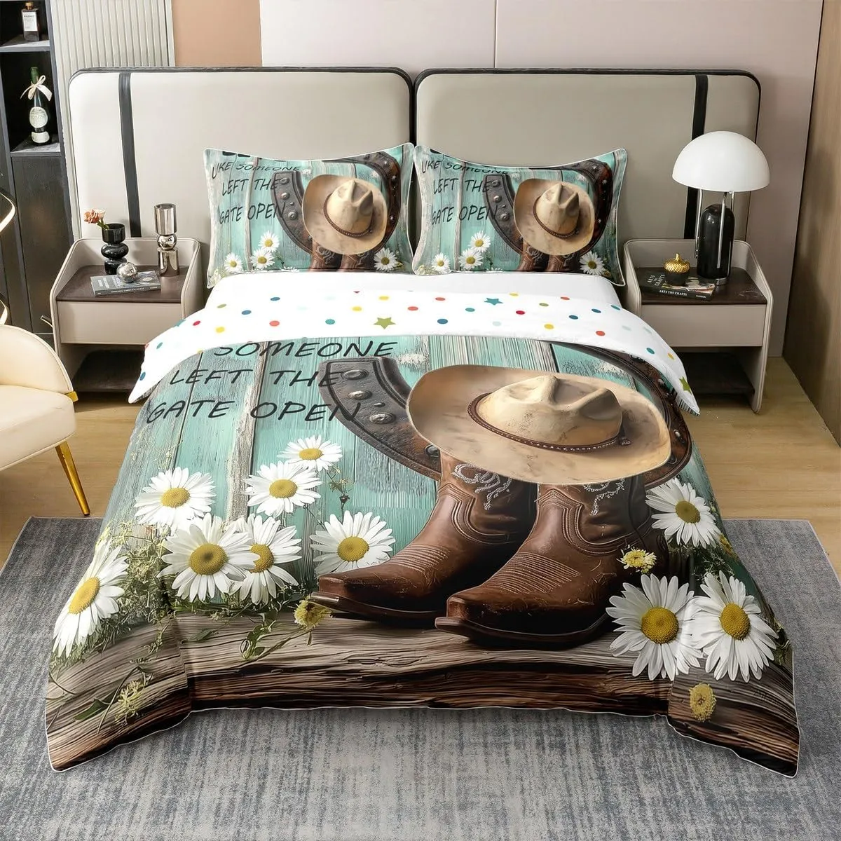 Erosebridal Western 100% Cotton Duvet Cover King for Kids Teens Adults,Disco Boots and Hat Cap Bedding Set,Retro Wooden Plank Bed Set,Groovy Daisy Quilt Cover with 2 Pillow Shams for Bedroom