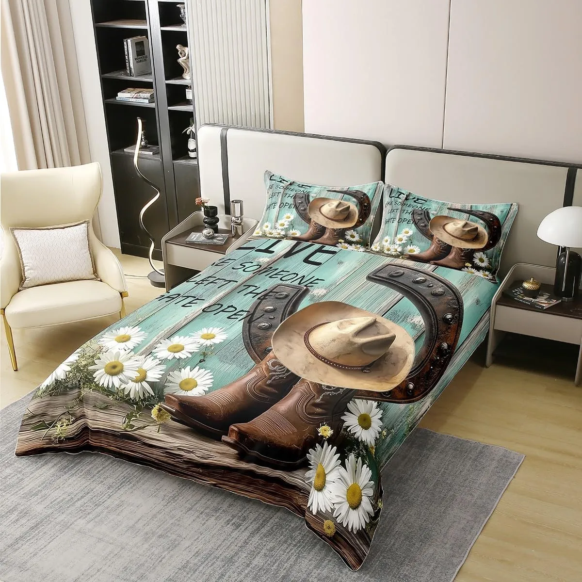 Erosebridal Western 100% Cotton Duvet Cover Queen for Kids Teens Adults,Disco Boots and Hat Cap Bedding Set,Retro Wooden Plank Bed Set,Groovy Daisy Quilt Cover with 2 Pillow Shams for Bedroom