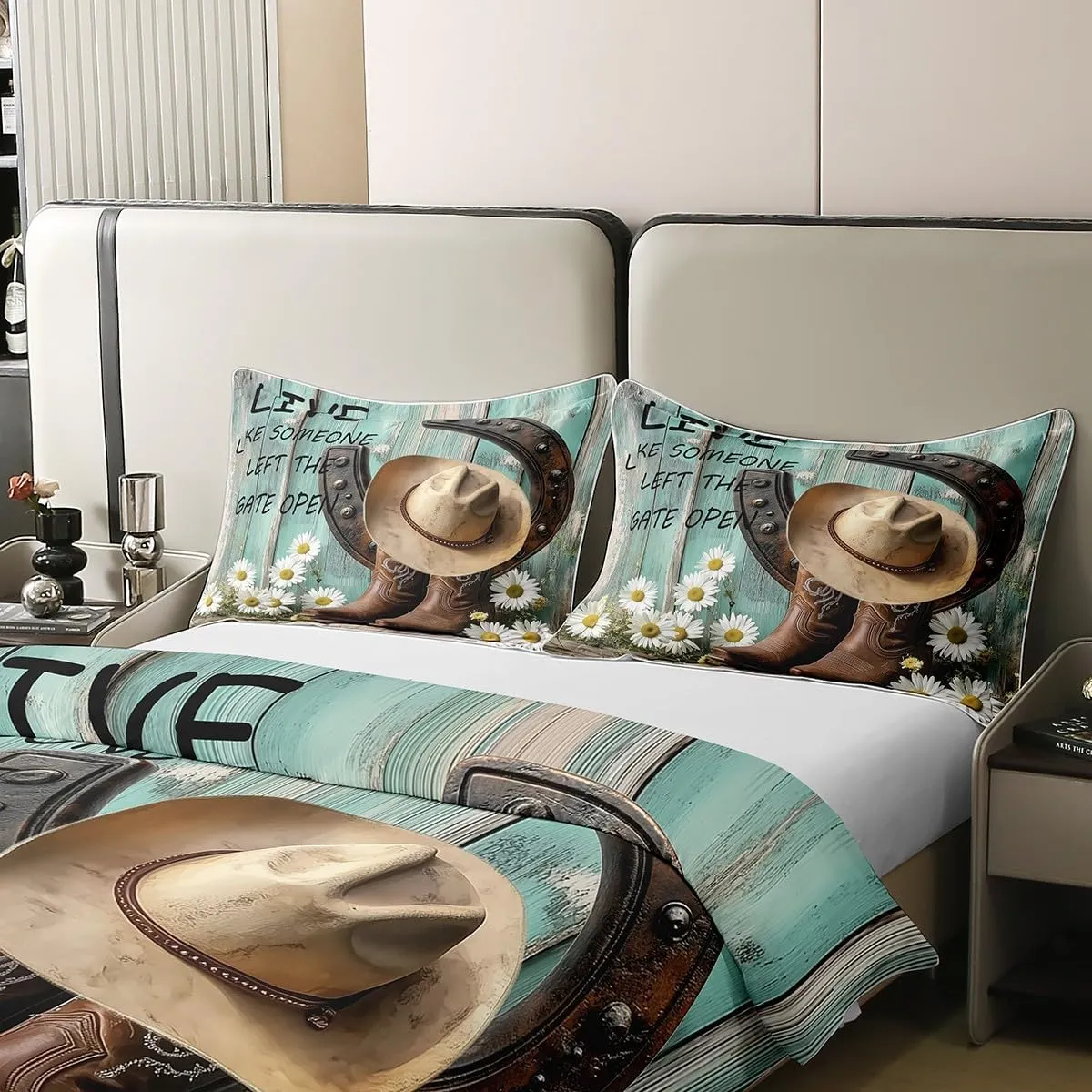 Erosebridal Western 100% Cotton Duvet Cover Queen for Kids Teens Adults,Disco Boots and Hat Cap Bedding Set,Retro Wooden Plank Bed Set,Groovy Daisy Quilt Cover with 2 Pillow Shams for Bedroom