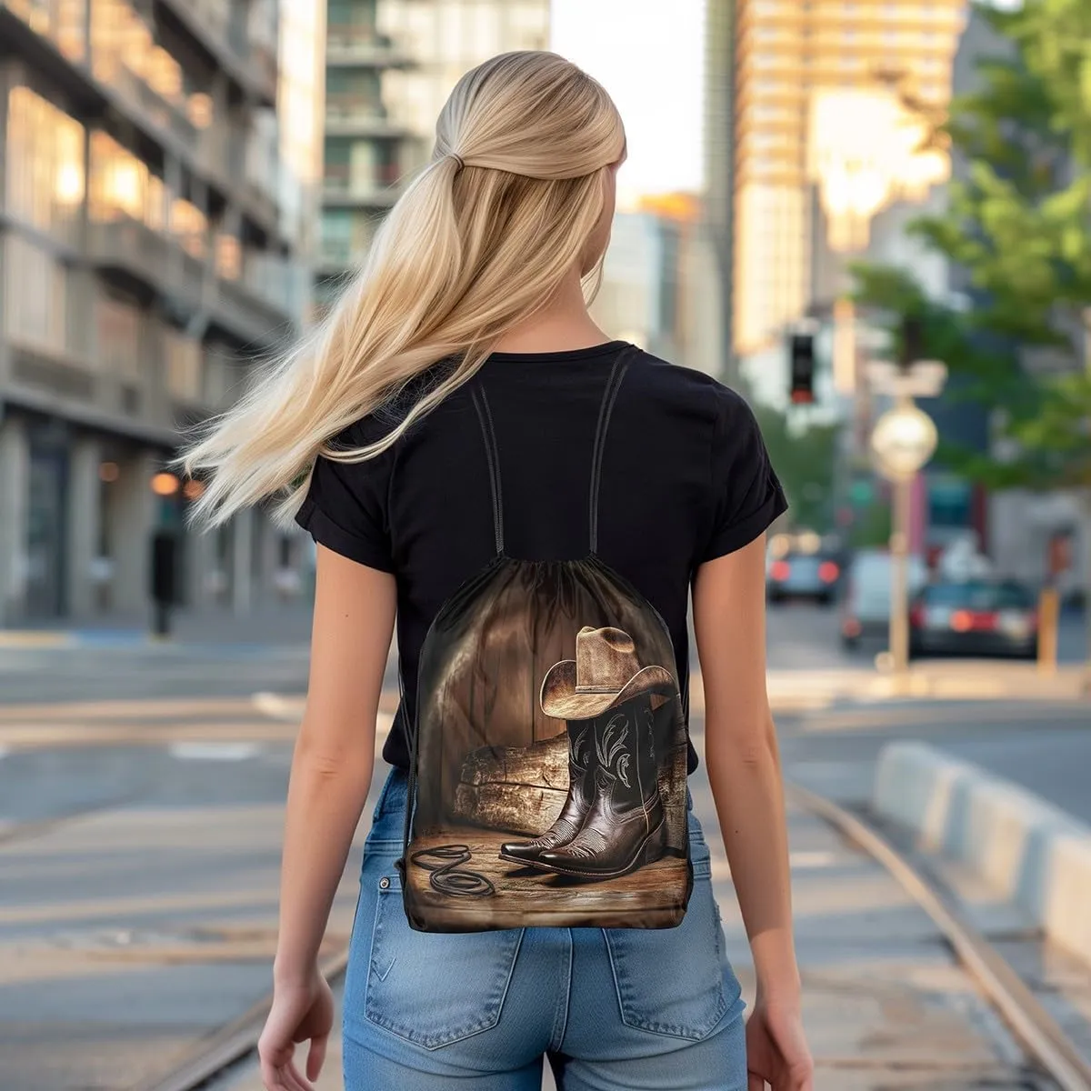 Erosebridal Western Cowboy Drawstring Backpack 13X15.7, Mysterious Pattern Leather Boots Waterproof Drawstring Bags, Cowboy Hat Rope Draw String Back Bag, Wooden Board Retro Premium String Backpack
