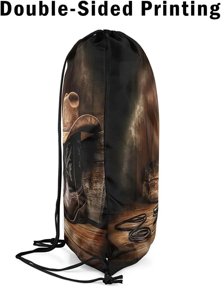 Erosebridal Western Cowboy Drawstring Backpack 13X15.7, Mysterious Pattern Leather Boots Waterproof Drawstring Bags, Cowboy Hat Rope Draw String Back Bag, Wooden Board Retro Premium String Backpack