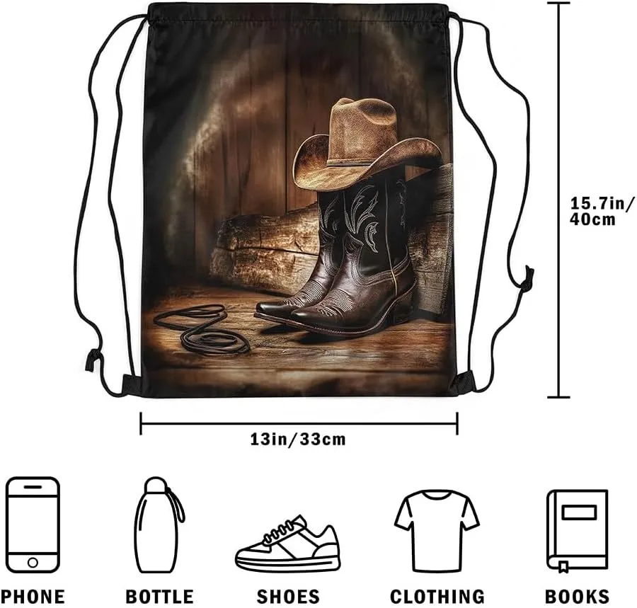 Erosebridal Western Cowboy Drawstring Backpack 13X15.7, Mysterious Pattern Leather Boots Waterproof Drawstring Bags, Cowboy Hat Rope Draw String Back Bag, Wooden Board Retro Premium String Backpack