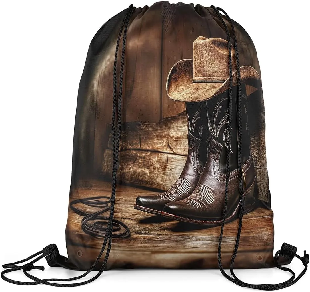 Erosebridal Western Cowboy Drawstring Backpack 13X15.7, Mysterious Pattern Leather Boots Waterproof Drawstring Bags, Cowboy Hat Rope Draw String Back Bag, Wooden Board Retro Premium String Backpack