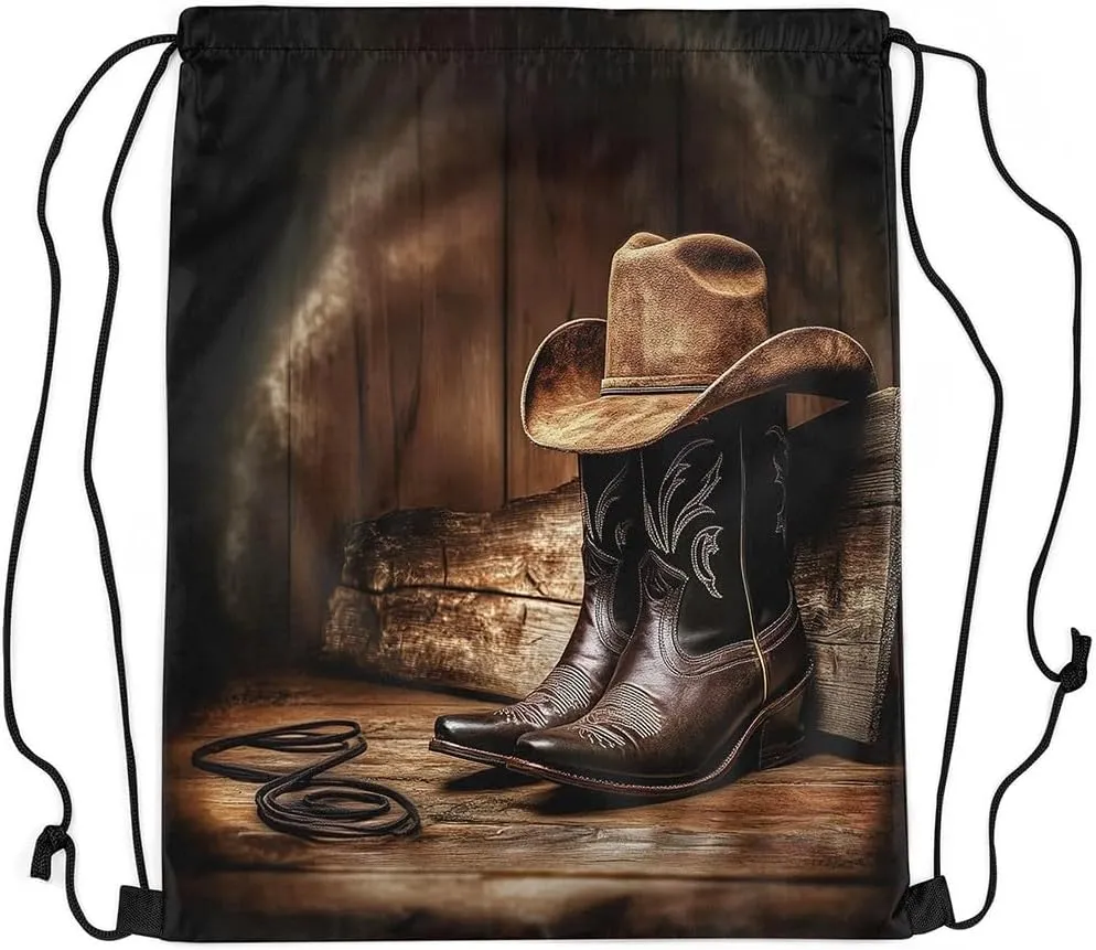 Erosebridal Western Cowboy Drawstring Backpack 13X15.7, Mysterious Pattern Leather Boots Waterproof Drawstring Bags, Cowboy Hat Rope Draw String Back Bag, Wooden Board Retro Premium String Backpack