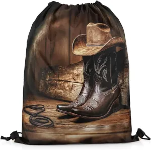 Erosebridal Western Cowboy Drawstring Backpack 13X15.7, Mysterious Pattern Leather Boots Waterproof Drawstring Bags, Cowboy Hat Rope Draw String Back Bag, Wooden Board Retro Premium String Backpack
