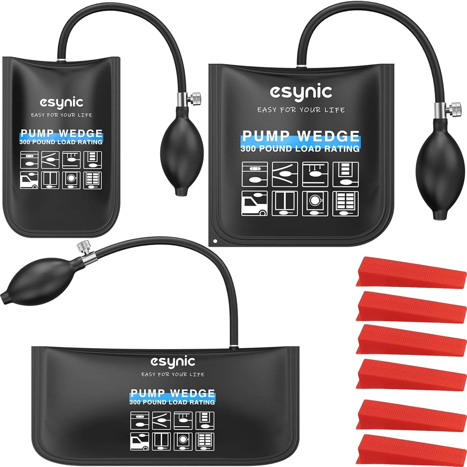 eSynic 3Pack Durable Air Wedge Bags Reliable Air Wedge Pump Bags Anti-slip Air Shim Bags Load-bearing 440lbs/200kg Air Door Lifting Tools with 4 Wedges for Door Window & Furniture Installation etc