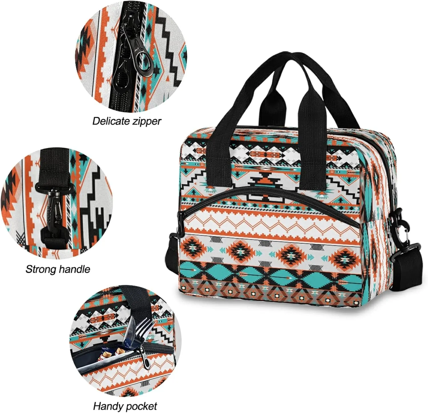 Ethnic Aztec Geometric Lunch Bag Reusable Lunch Tote Bag Thermal Cooler Bag Insulated Lunch Box with Adjustable Shoulder Strap for Office School Outdoor Picnic
