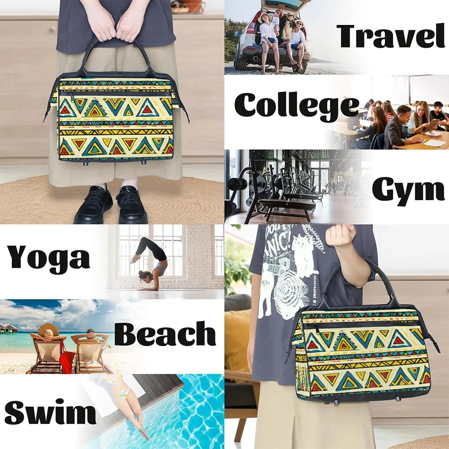 Ethnic Retro Colorful Large Travel Duffel Bag Gym Tote Bag for Women Men Waterproof Weekend Overnight Bag Carry On Tote Luggage with Pocket Personal Item Bags Sports Bag fit Travel Sports Gym Yoga