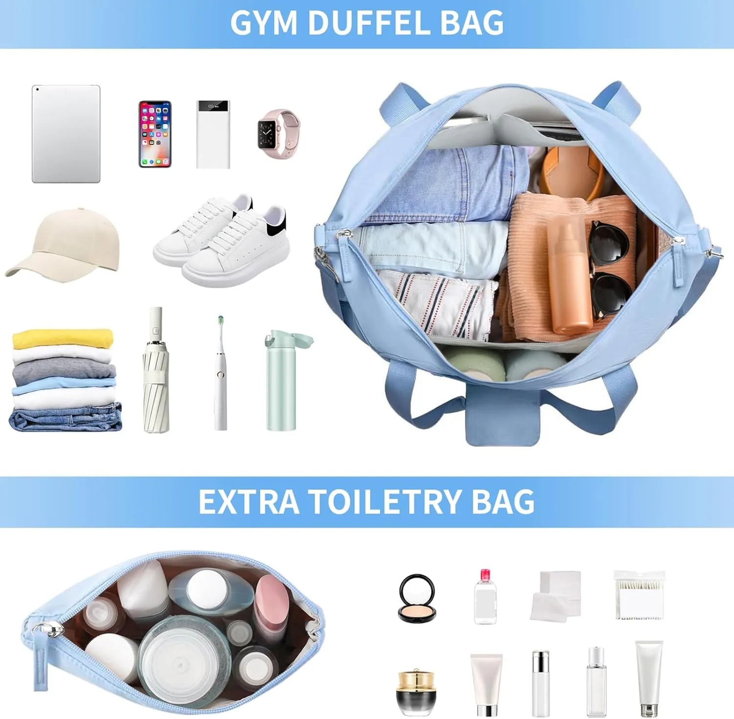 ETRONIK Gym Bag for Women, Personal Item Travel Bag with Shoes Compartment, Weekender Overnight Duffel Bag with Wet Pocket & USB Charging Port, Carry On Bag for Women, Travel, Gym, Weekend (Blue)