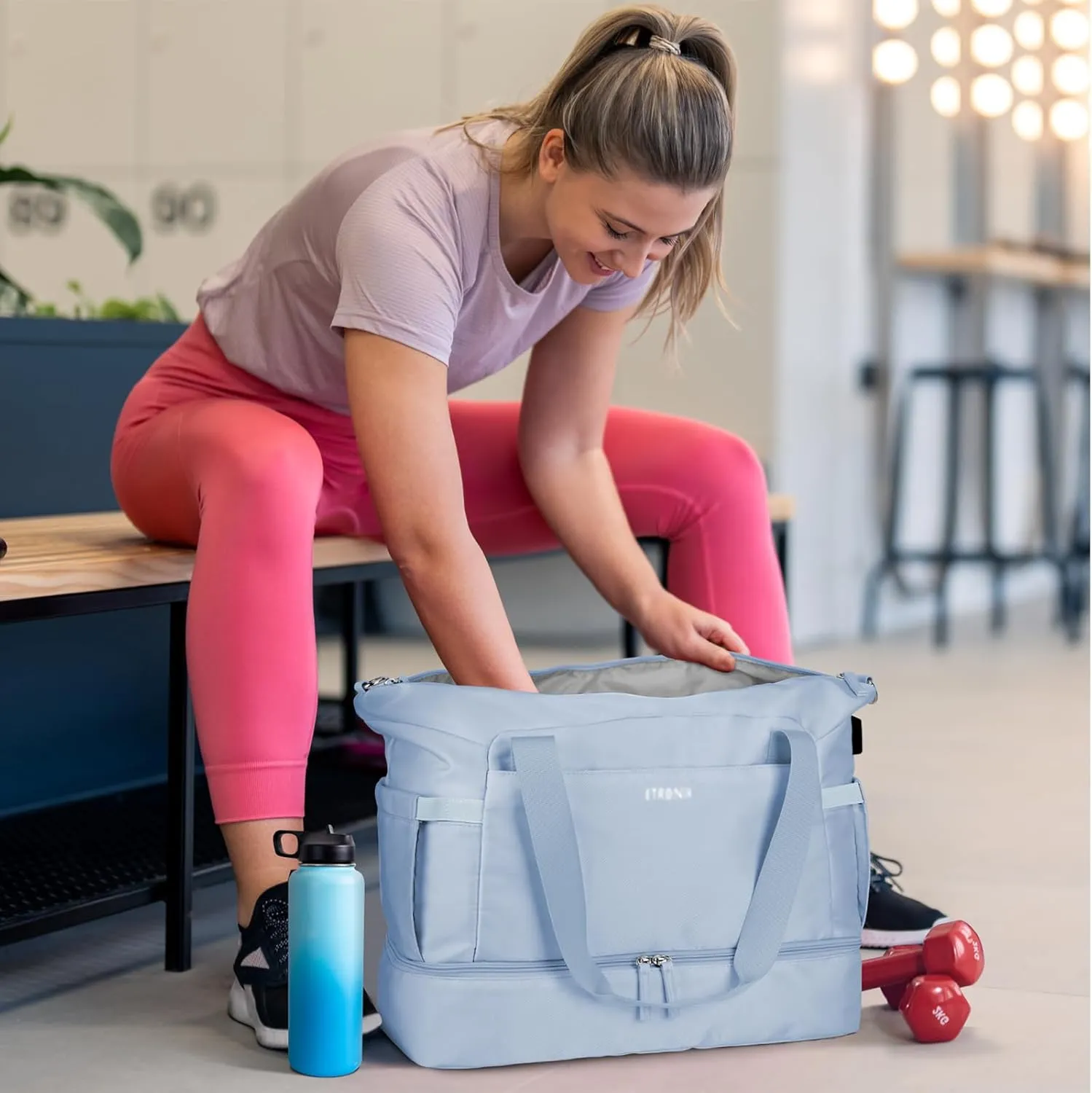 ETRONIK Gym Bag for Women, Personal Item Travel Bag with Shoes Compartment, Weekender Overnight Duffel Bag with Wet Pocket & USB Charging Port, Carry On Bag for Women, Travel, Gym, Weekend (Blue)