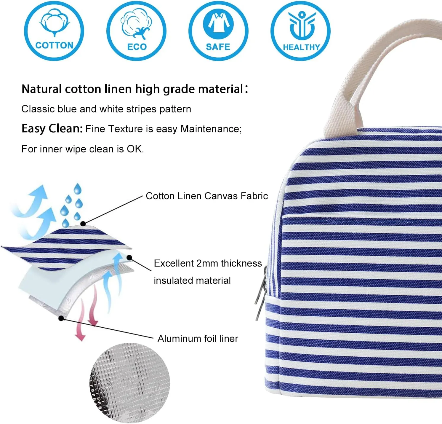 EurCross Blue and White Stripes Lunch Bag Women,Cooler Tote Bag Insulated Lunch Bento Box Bag, Canvas Portable Tote Thermal Bag for Adult Women and Men for Work
