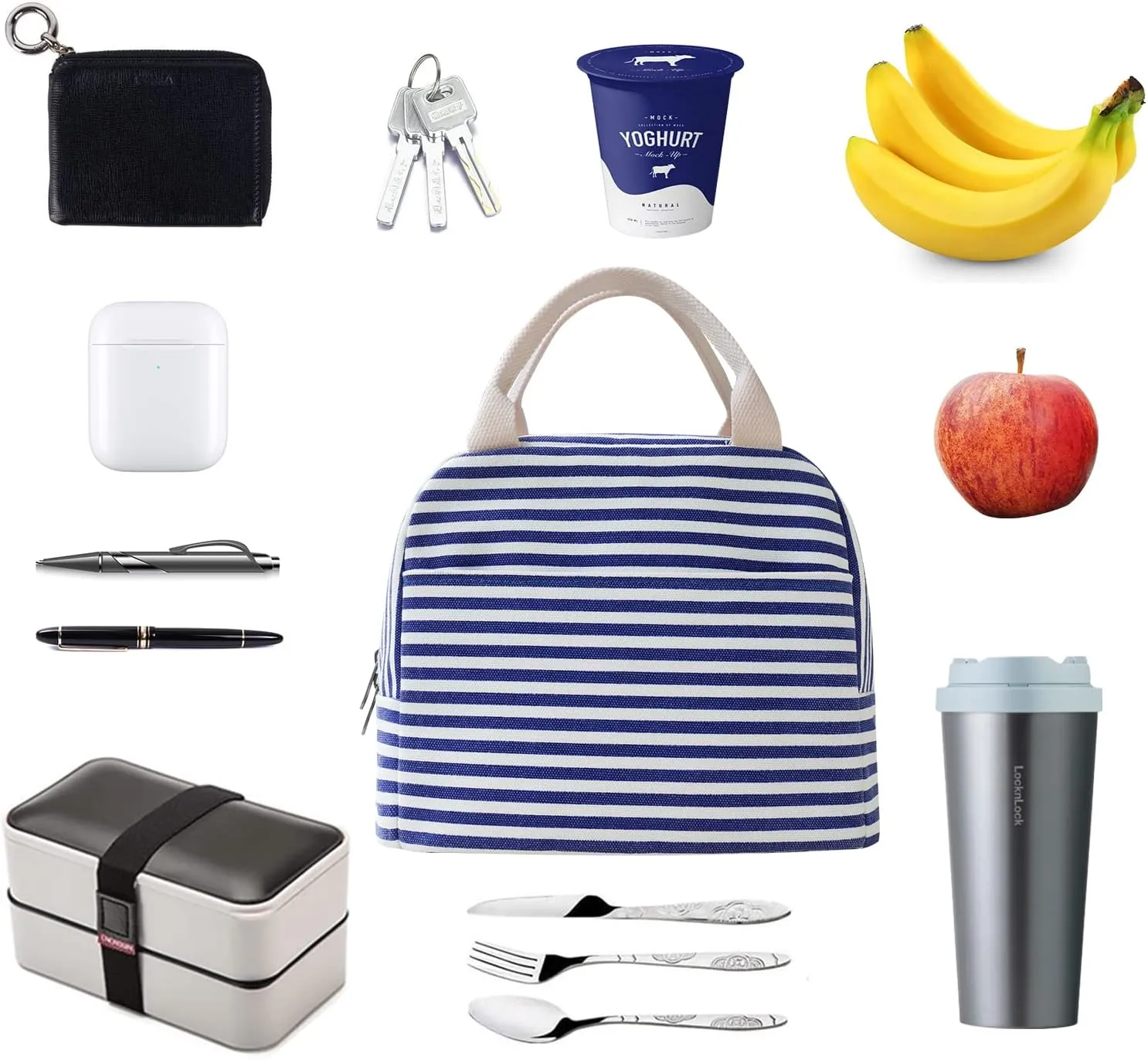 EurCross Blue and White Stripes Lunch Bag Women,Cooler Tote Bag Insulated Lunch Bento Box Bag, Canvas Portable Tote Thermal Bag for Adult Women and Men for Work