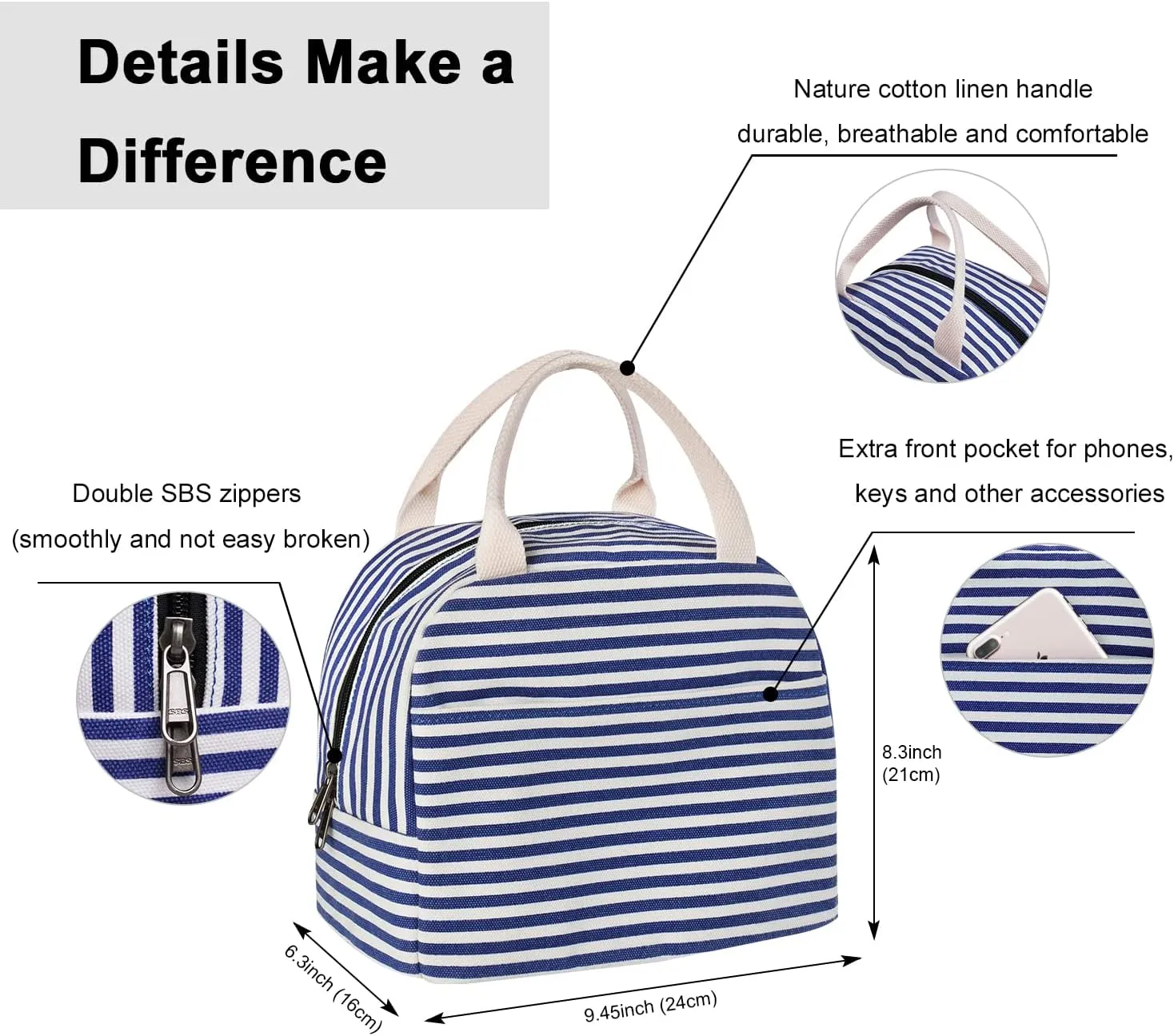 EurCross Blue and White Stripes Lunch Bag Women,Cooler Tote Bag Insulated Lunch Bento Box Bag, Canvas Portable Tote Thermal Bag for Adult Women and Men for Work