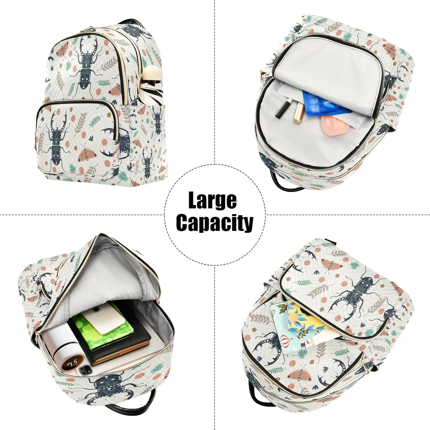 Exnundod Backpack Purse for Women Beetles Butterflies Leaves Mini Backpack Casual Backpack Print Travel Daypack,Medium