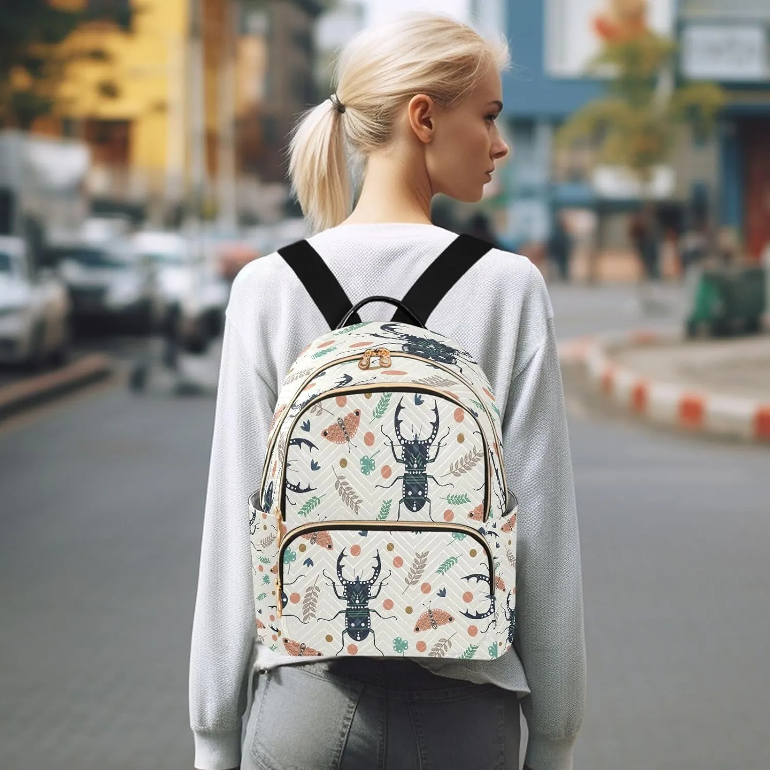 Exnundod Backpack Purse for Women Beetles Butterflies Leaves Mini Backpack Casual Backpack Print Travel Daypack,Medium