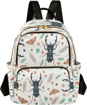 Exnundod Backpack Purse for Women Beetles Butterflies Leaves Mini Backpack Casual Backpack Print Travel Daypack,Medium