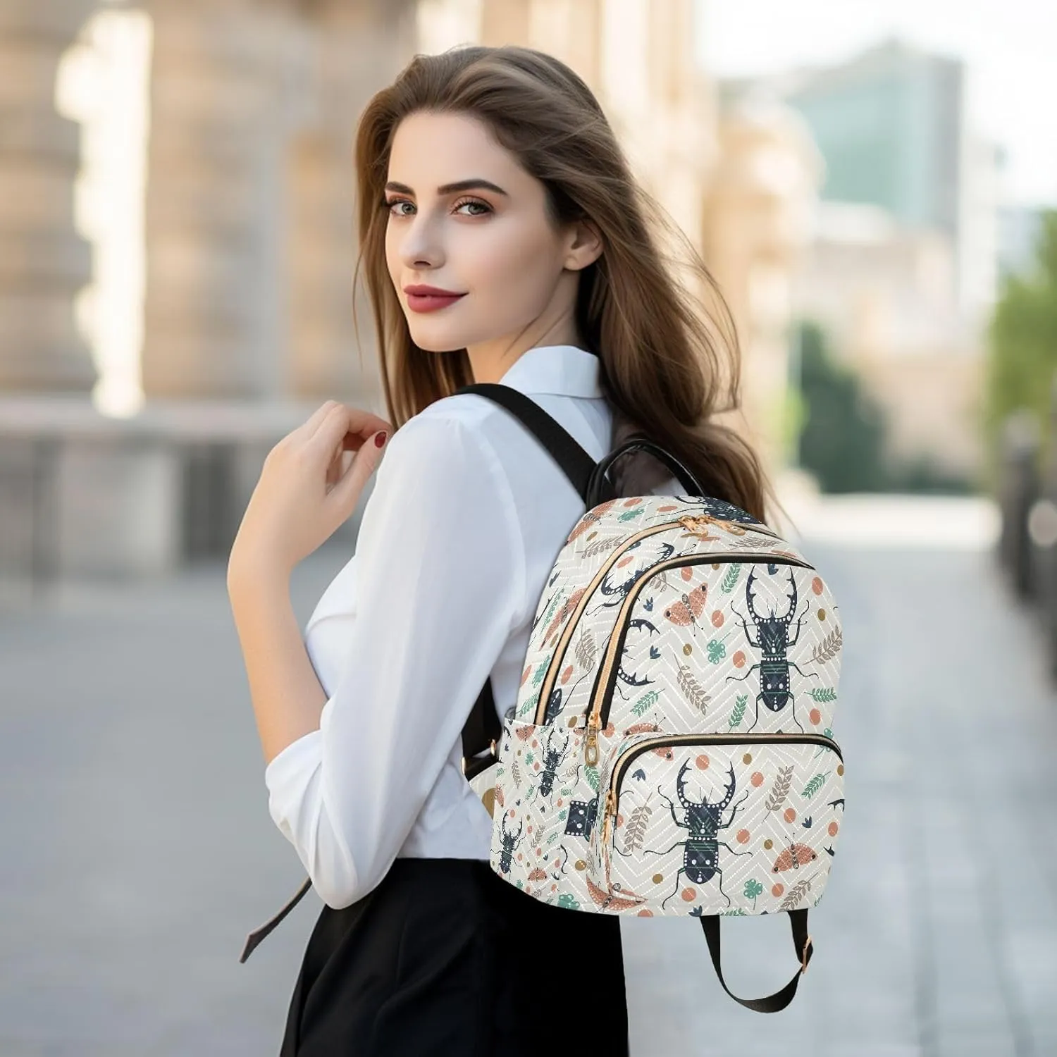 Exnundod Backpack Purse for Women Beetles Butterflies Leaves Mini Backpack Casual Backpack Print Travel Daypack,Medium