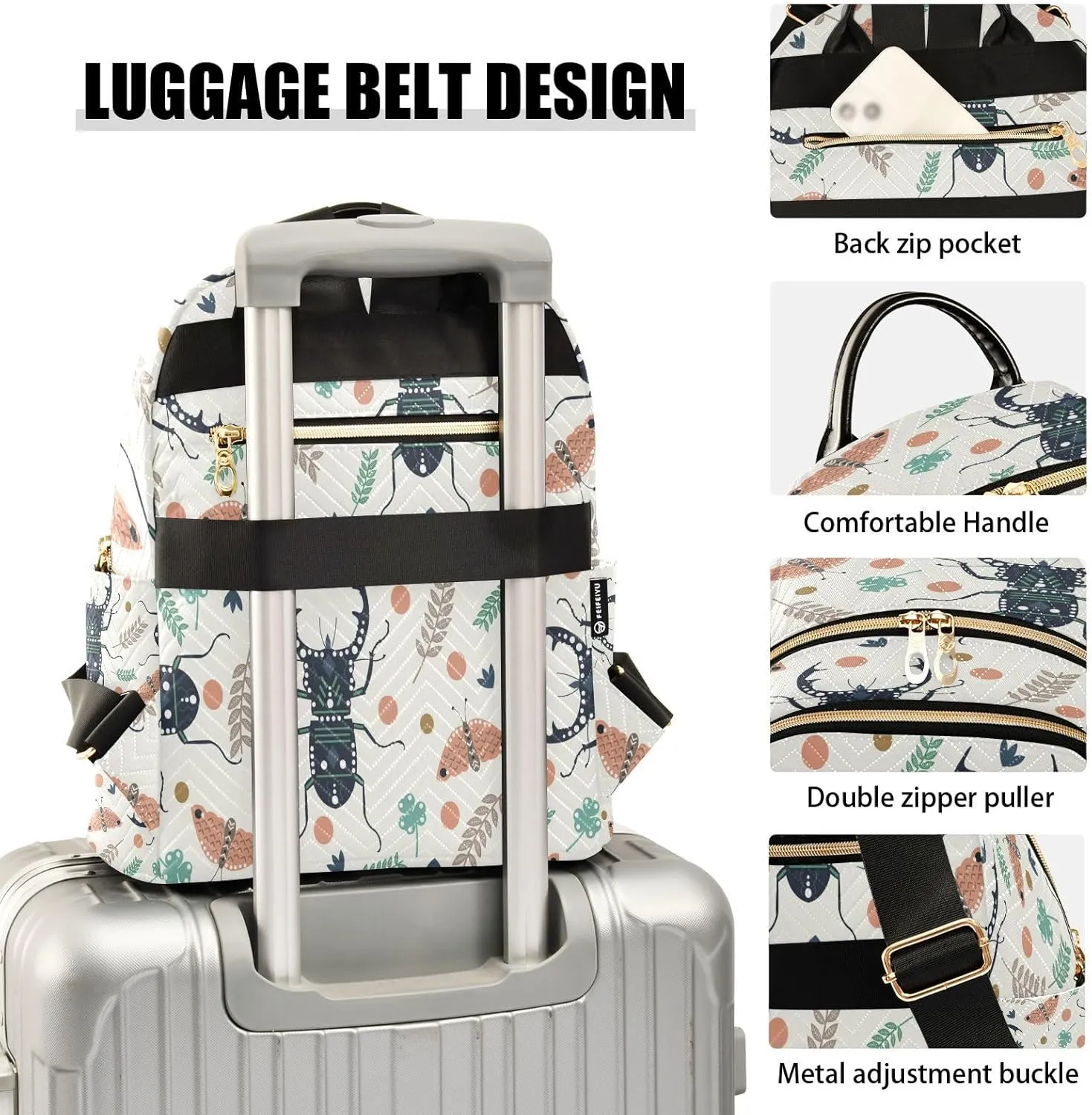 Exnundod Backpack Purse for Women Beetles Butterflies Leaves Mini Backpack Casual Backpack Print Travel Daypack,Medium