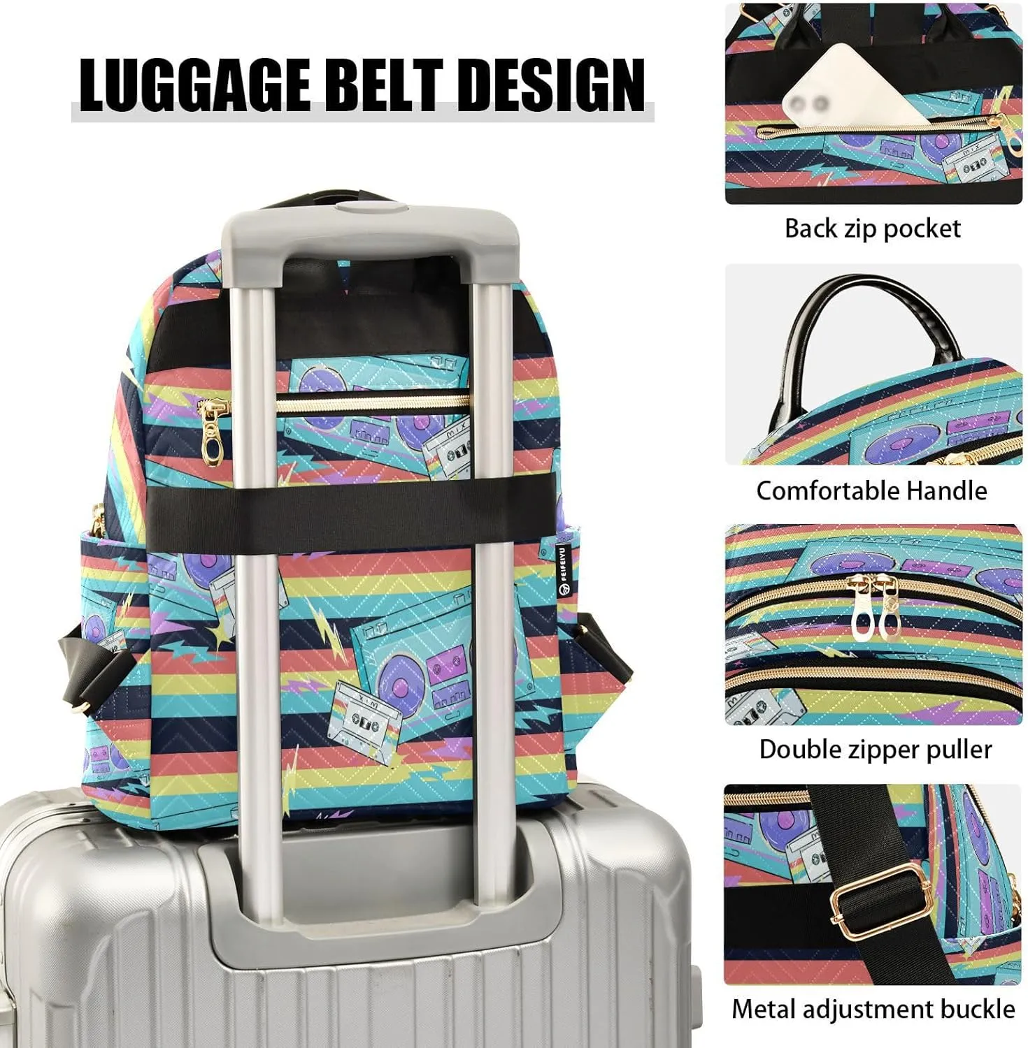 Exnundod Backpack Purse for Women Seamless Radio Tape Recorder Travel Backpack Casual Lightweight Daypack, Cassette Music