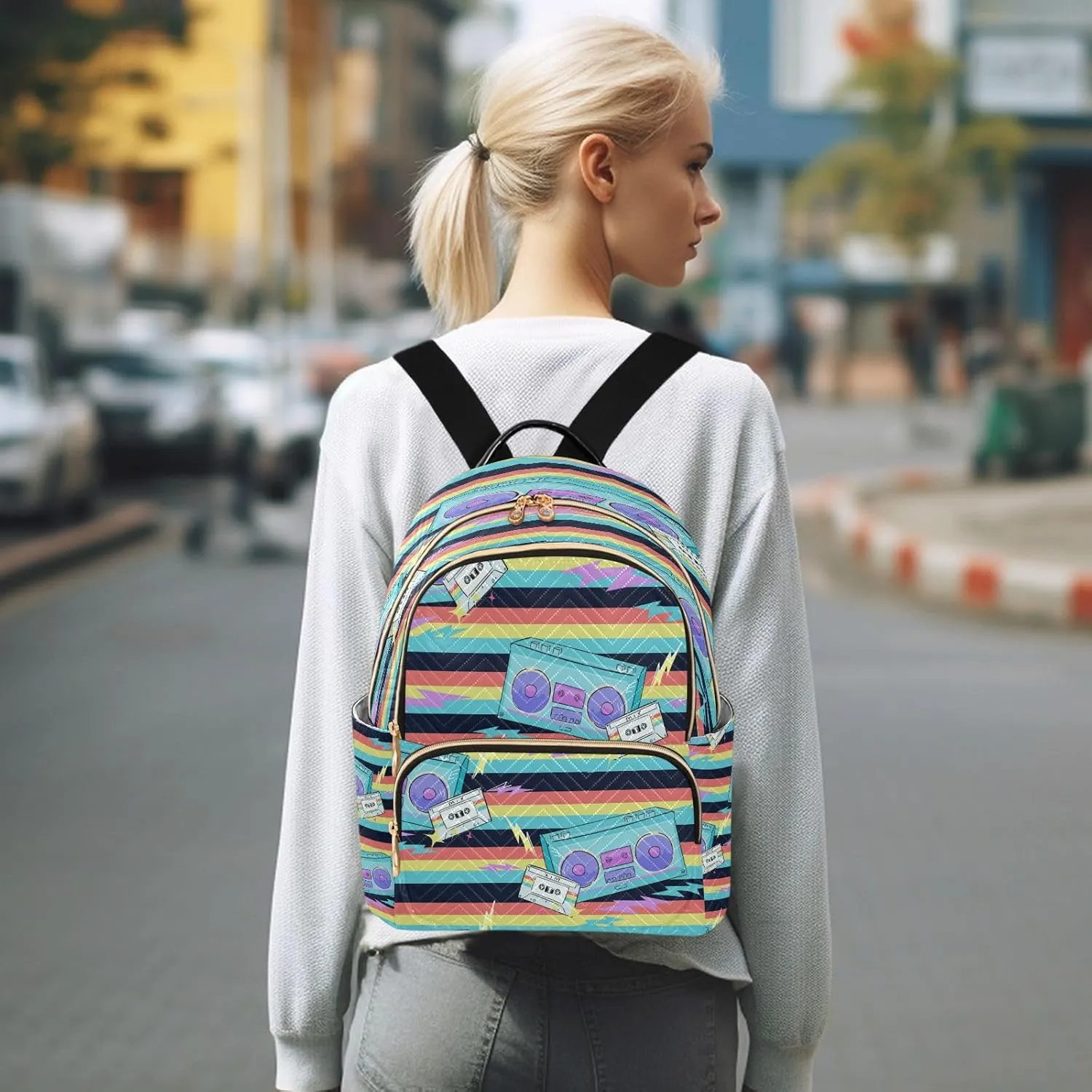 Exnundod Backpack Purse for Women Seamless Radio Tape Recorder Travel Backpack Casual Lightweight Daypack, Cassette Music