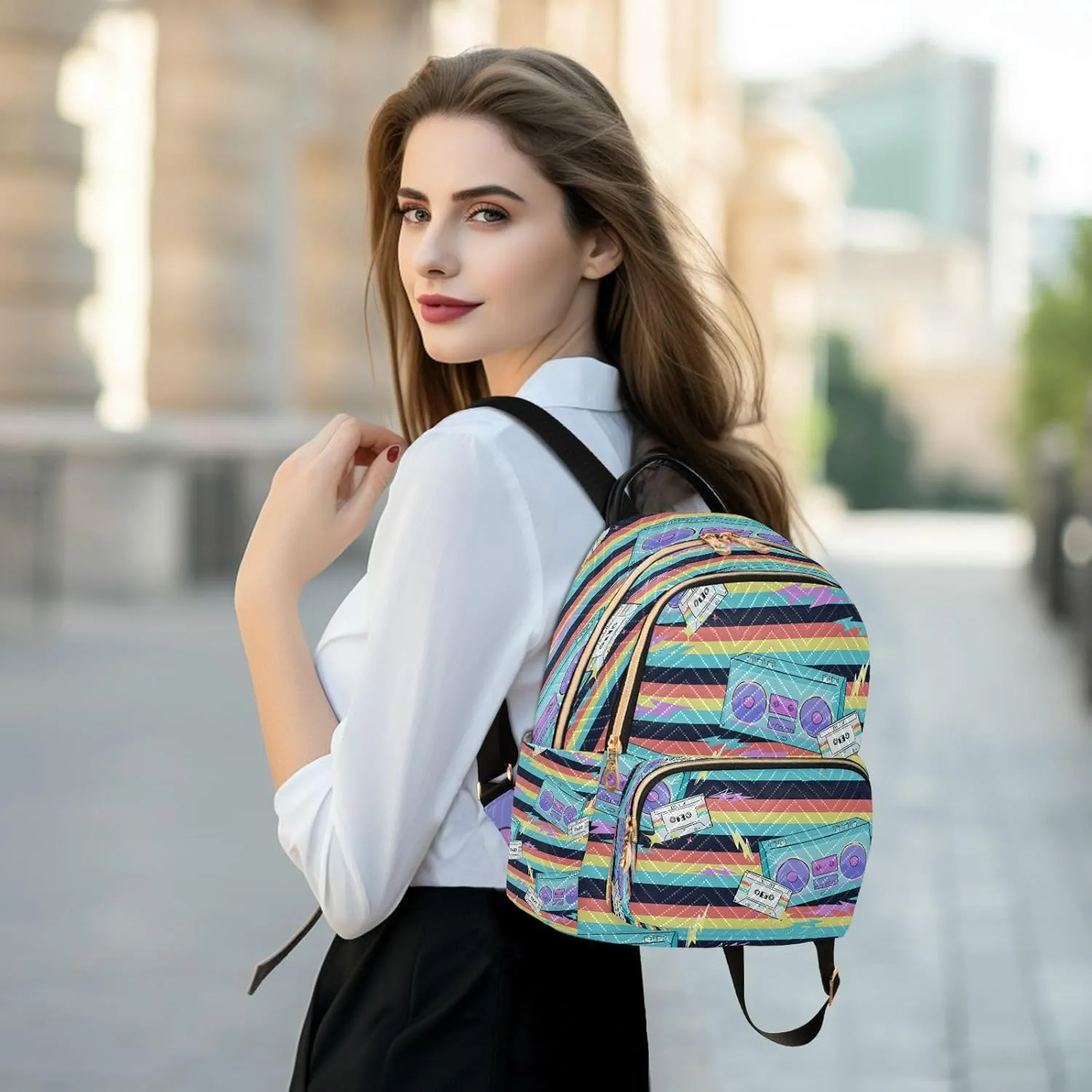 Exnundod Backpack Purse for Women Seamless Radio Tape Recorder Travel Backpack Casual Lightweight Daypack, Cassette Music