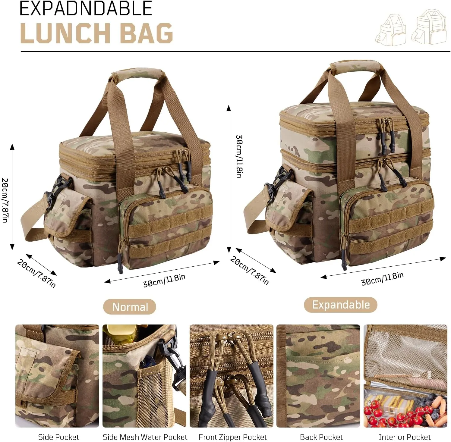 Expandable Lunch Box for Men, Insulated Tactical Lunch Bag - Leakproof Cooler with Padded Shoulder Strap, Reusable Lunch Tote Bag Thermal Lunchbox for Work Camping Picnic Beach, 18L