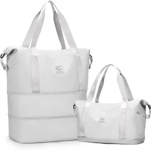 Expandable Travel Duffle Bag for Women Men, Large Gym Bag Travel Tote Bags, Waterproof Carry On Personal Item Bag Airline Approved, Overnight Workout Weekender Bag with Luggage Sleeve, Light Grey