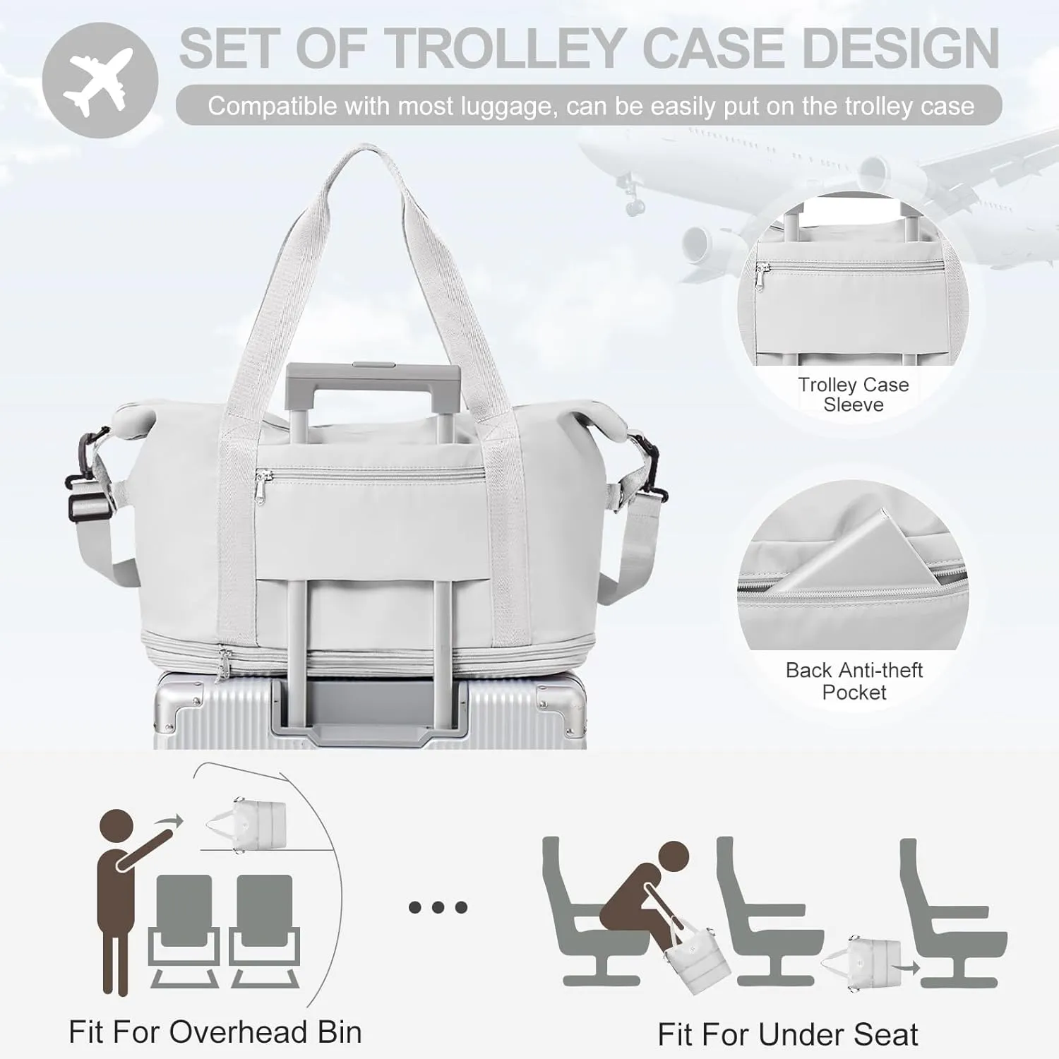 Expandable Travel Duffle Bag for Women Men, Large Gym Bag Travel Tote Bags, Waterproof Carry On Personal Item Bag Airline Approved, Overnight Workout Weekender Bag with Luggage Sleeve, Light Grey