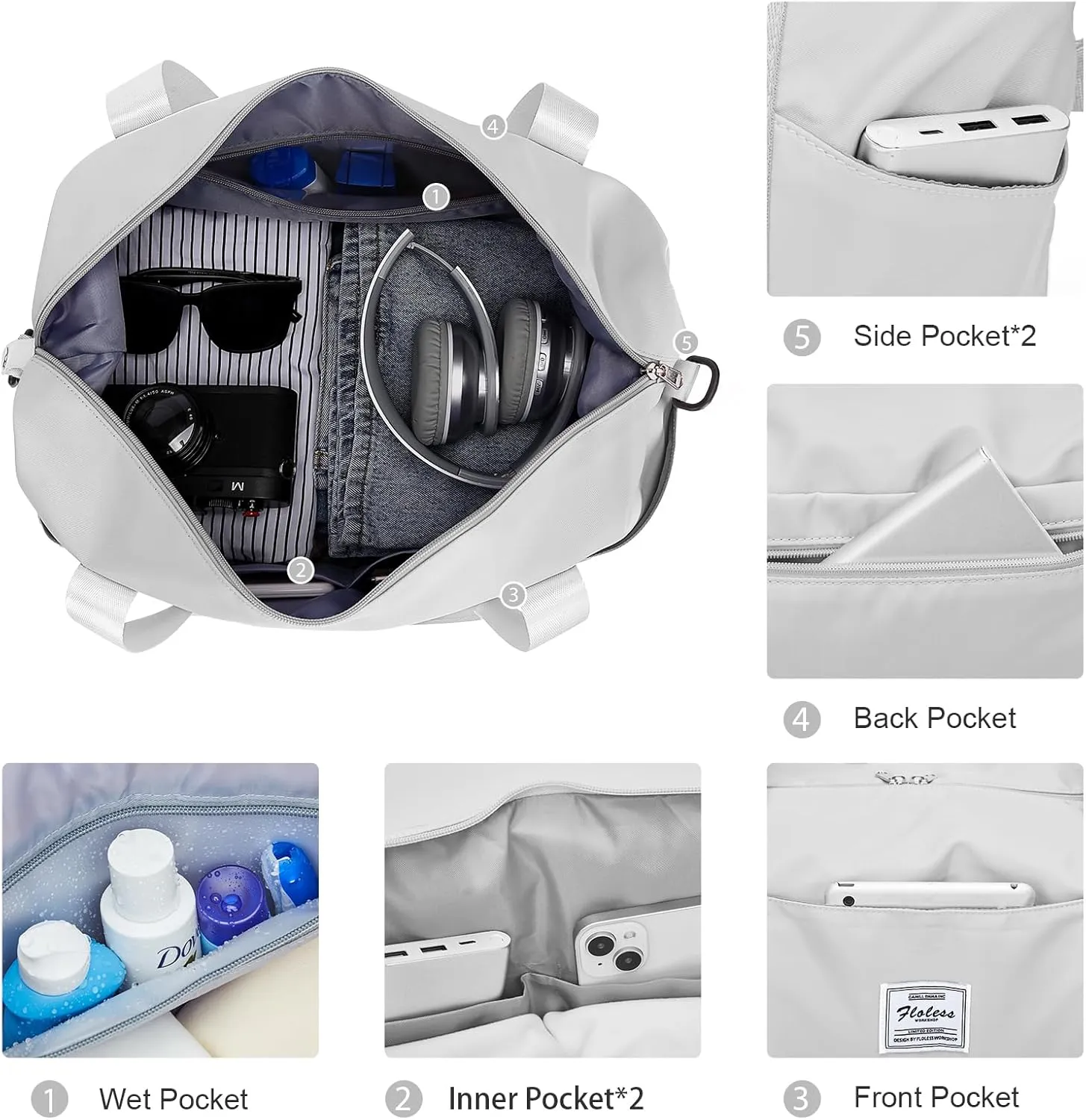 Expandable Travel Duffle Bag for Women Men, Large Gym Bag Travel Tote Bags, Waterproof Carry On Personal Item Bag Airline Approved, Overnight Workout Weekender Bag with Luggage Sleeve, Light Grey