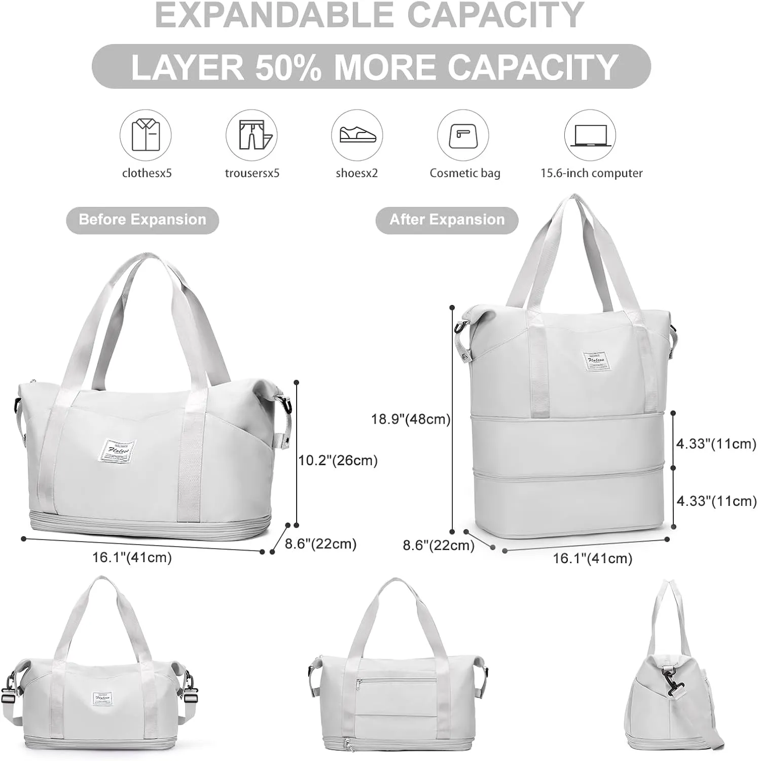 Expandable Travel Duffle Bag for Women Men, Large Gym Bag Travel Tote Bags, Waterproof Carry On Personal Item Bag Airline Approved, Overnight Workout Weekender Bag with Luggage Sleeve, Light Grey