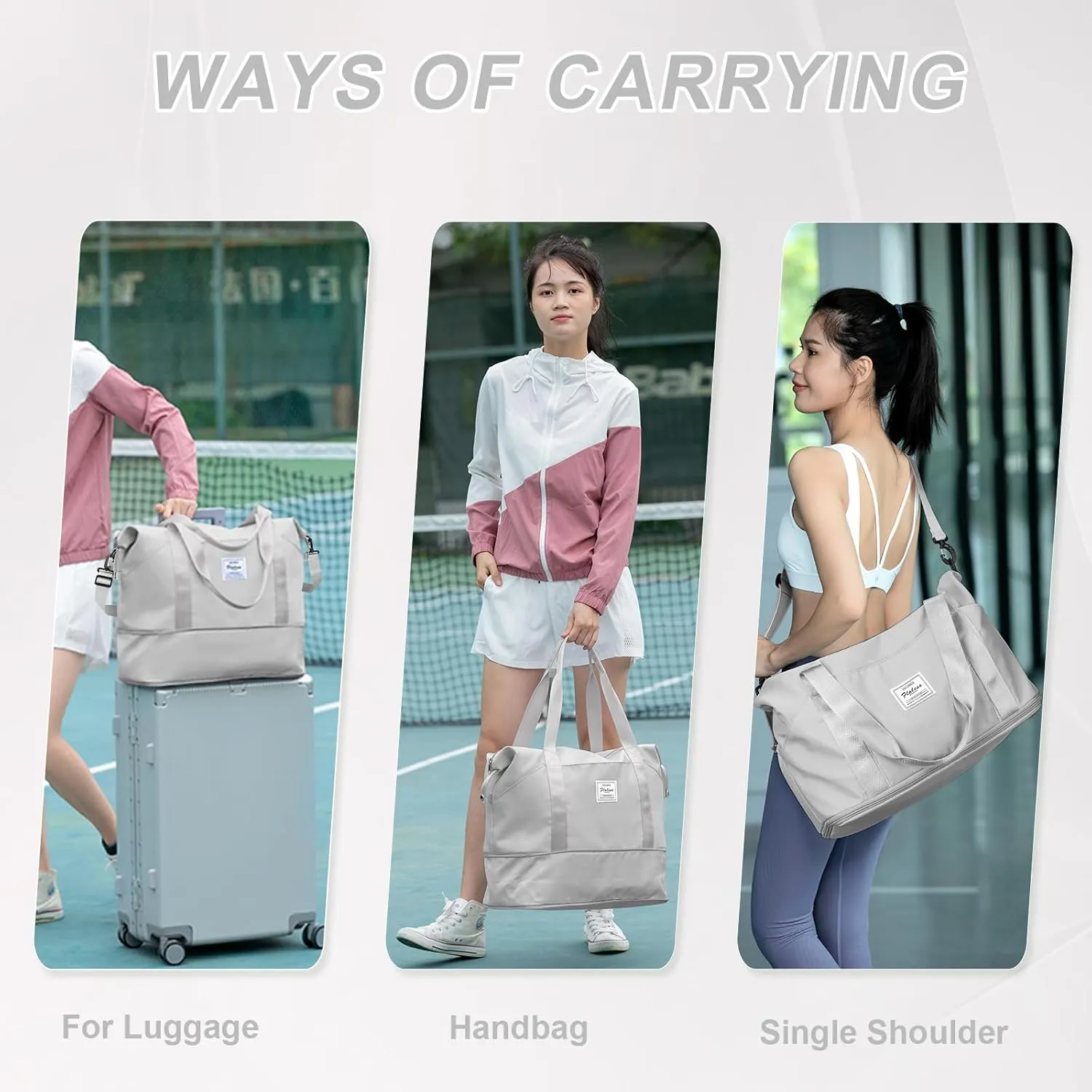 Expandable Travel Duffle Bag for Women Men, Large Gym Bag Travel Tote Bags, Waterproof Carry On Personal Item Bag Airline Approved, Overnight Workout Weekender Bag with Luggage Sleeve, Light Grey