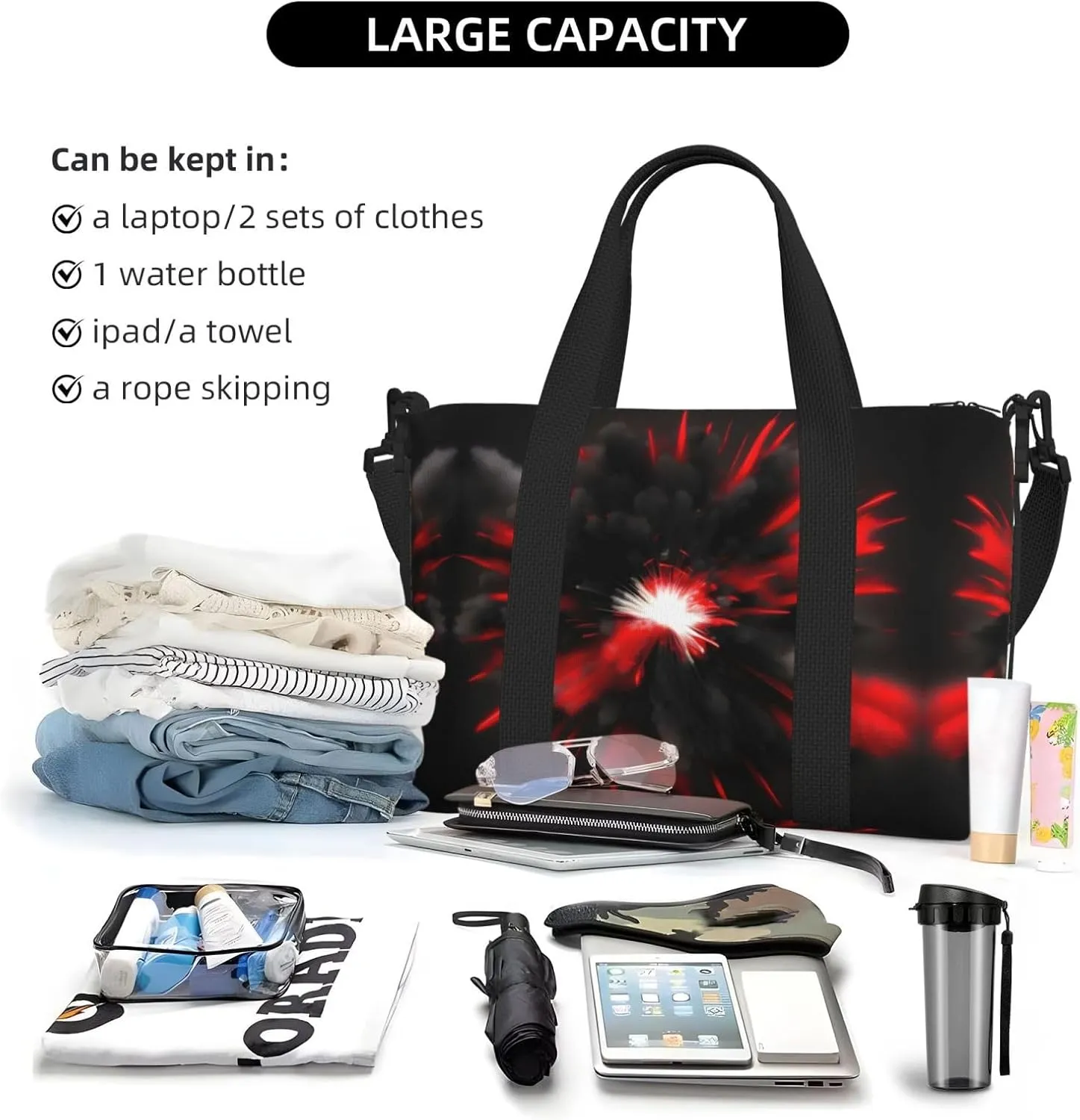 Explosion Burst Red Black Travel Bags, Weekender Carry On For Women, Sports Gym Bag, Workout Duffel Bag,Overnight
