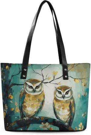 Exquisite Leather Lady's Handbag, Couple Owl Perch Tree Printed Handbag Lychee Patterned Leather Handbag Suitable for Women for Travel, Fitness, And Commuting