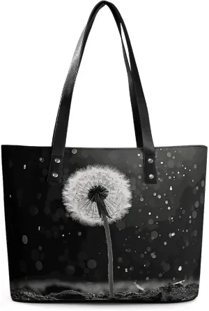 Exquisite Leather Lady's Handbag, Dandelion Black And White Printed Handbag Lychee Patterned Leather Handbag Suitable for Women for Travel, Fitness, And Commuting