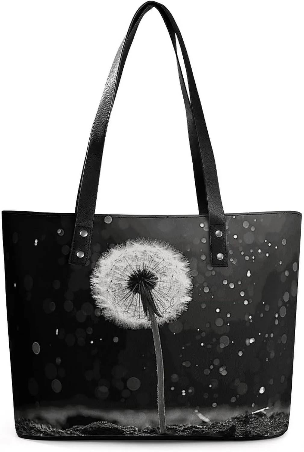 Exquisite Leather Lady's Handbag, Dandelion Black And White Printed Handbag Lychee Patterned Leather Handbag Suitable for Women for Travel, Fitness, And Commuting