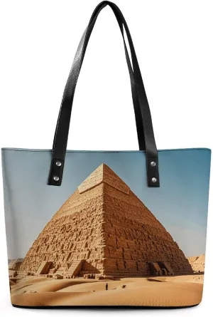 Exquisite Leather Lady's Handbag, Egyptian Pyramid in Desert Printed Handbag Lychee Patterned Leather Handbag Suitable for Women for Travel, Fitness, And Commuting