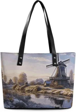 Exquisite Leather Lady's Handbag, Landscape with A Traditional Windmill Printed Handbag Lychee Patterned Leather Handbag Suitable for Women for Travel, Fitness, And Commuting