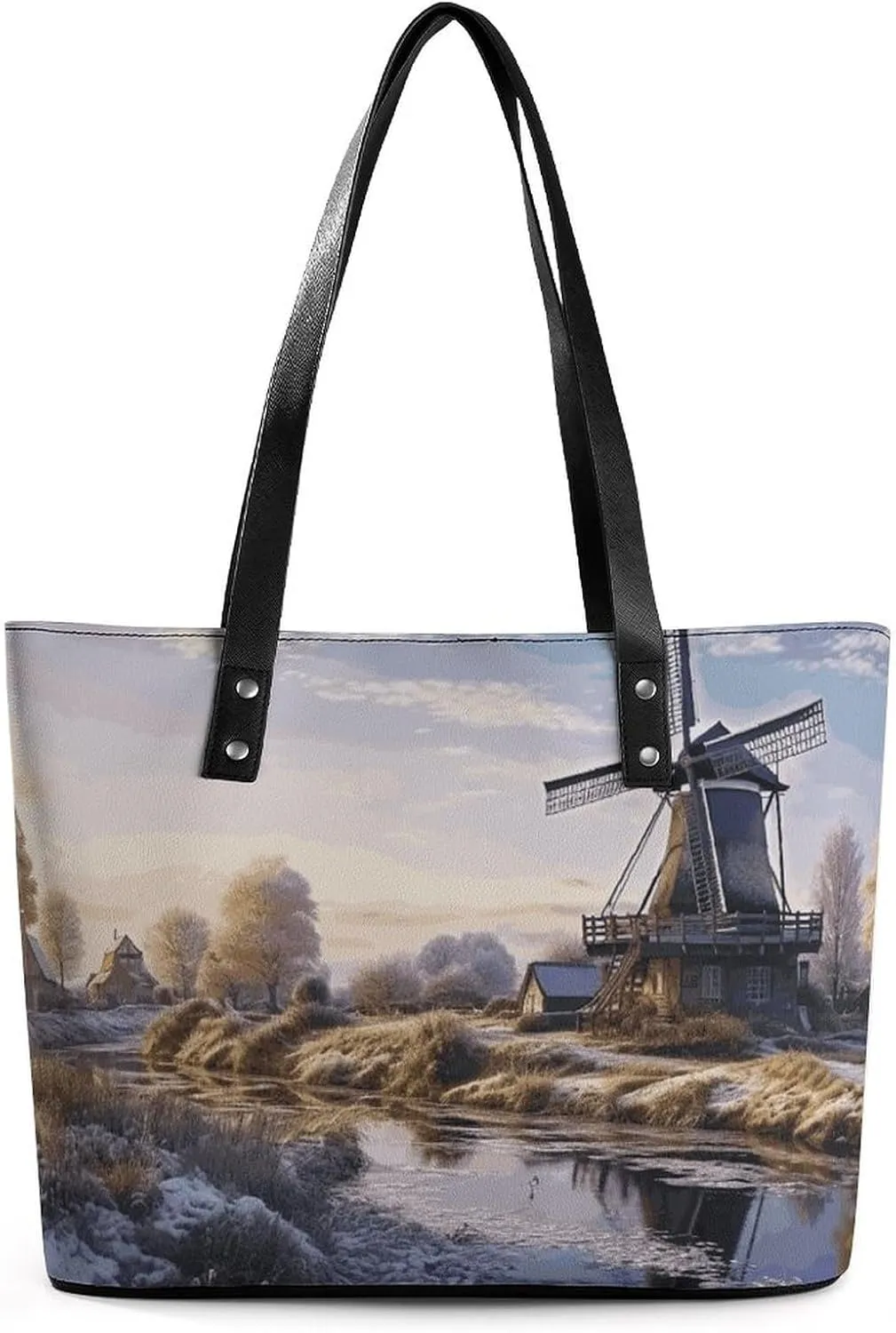 Exquisite Leather Lady's Handbag, Landscape with A Traditional Windmill Printed Handbag Lychee Patterned Leather Handbag Suitable for Women for Travel, Fitness, And Commuting