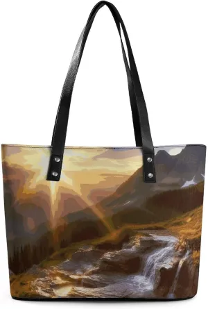 Exquisite Leather Lady's Handbag, Mountain Sunrise Landscape Printed Handbag Lychee Patterned Leather Handbag Suitable for Women for Travel, Fitness, And Commuting