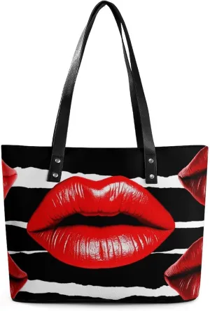 Exquisite Leather Lady's Handbag, Red Lips Kiss Printed Handbag Lychee Patterned Leather Handbag Suitable for Women for Travel, Fitness, And Commuting