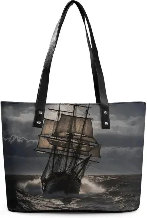 Exquisite Leather Lady's Handbag, Sailing Ship in Storm Printed Handbag Lychee Patterned Leather Handbag Suitable for Women for Travel, Fitness, And Commuting
