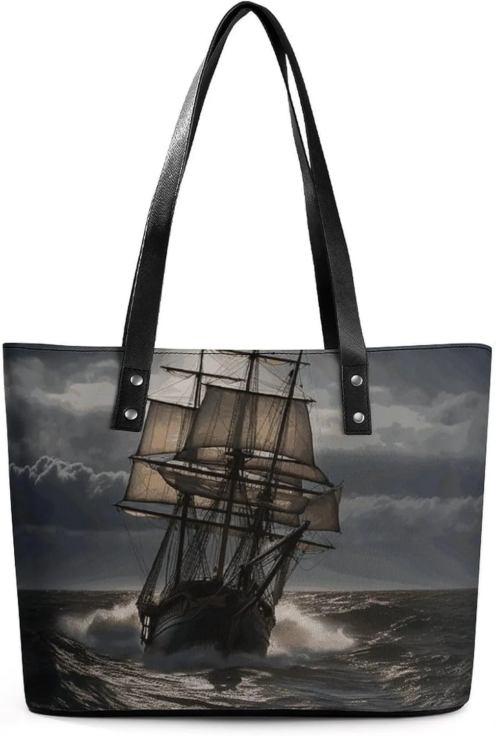 Exquisite Leather Lady's Handbag, Sailing Ship in Storm Printed Handbag Lychee Patterned Leather Handbag Suitable for Women for Travel, Fitness, And Commuting