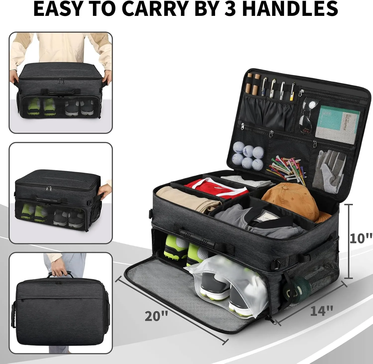 Extra Large Golf Trunk Organizer, Golf Gifts for Men Golfers, 20"x 14"x 10" 2 Layer Golf Trunk Organizer for Car, Water-resistant with Ventilated Compartment for 2 Pair Shoes and More Golf Accessories