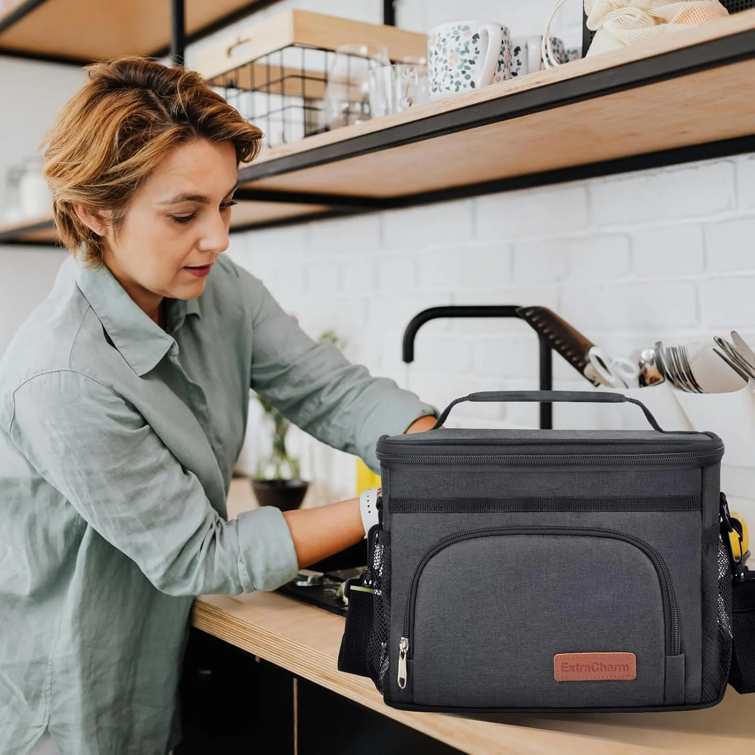 ExtraCharm Insulated Lunch Bag for Women/Men - Reusable Lunch Box for Office Picnic Hiking Beach - Leakproof Cooler Tote Bag Organizer with Adjustable Shoulder Strap for Adults - Black
