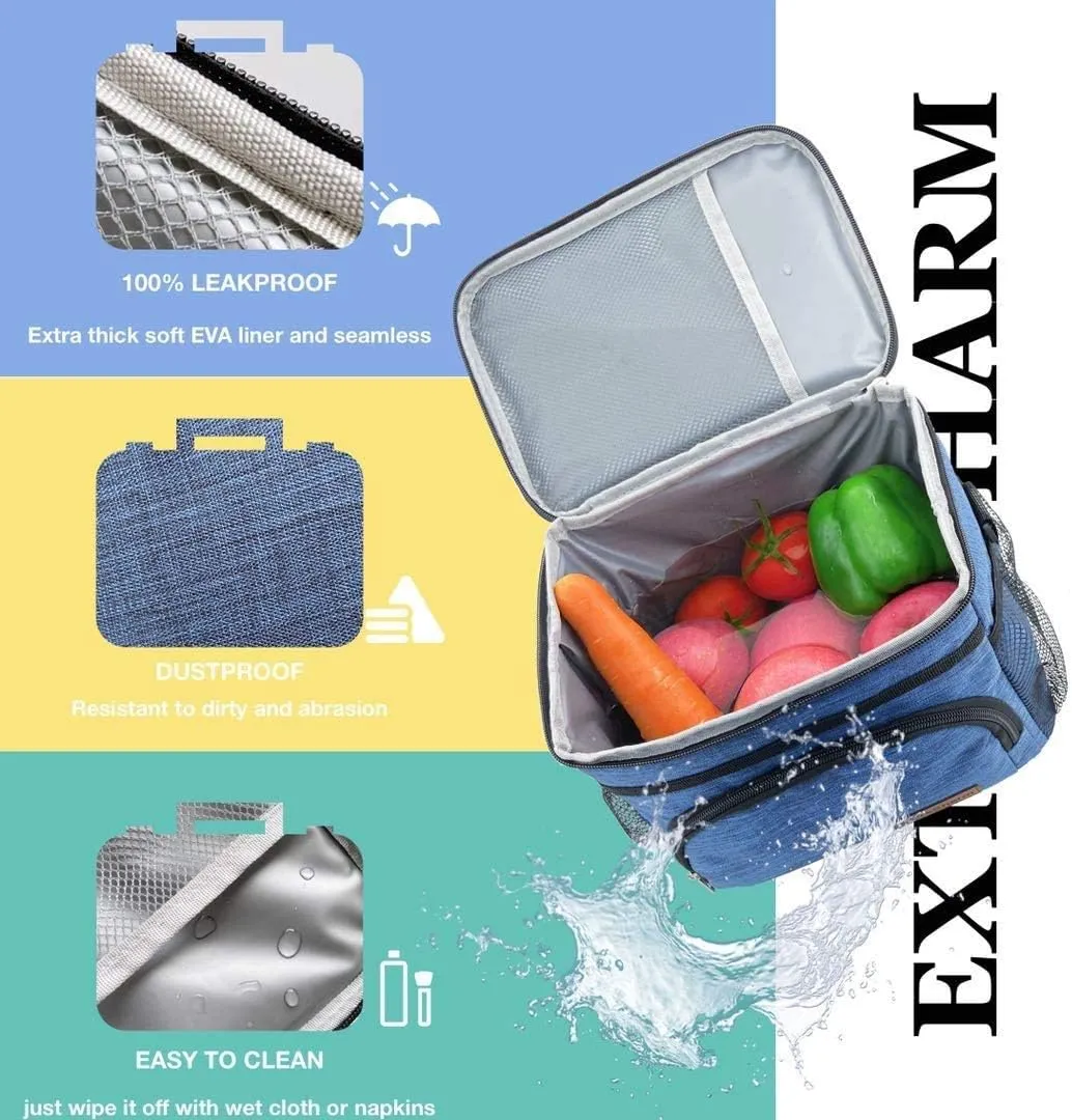 ExtraCharm Insulated Lunch Bag for Women/Men - Reusable Lunch Box for Office Picnic Hiking Beach - Leakproof Cooler Tote Bag Organizer with Adjustable Shoulder Strap for Adults - Black