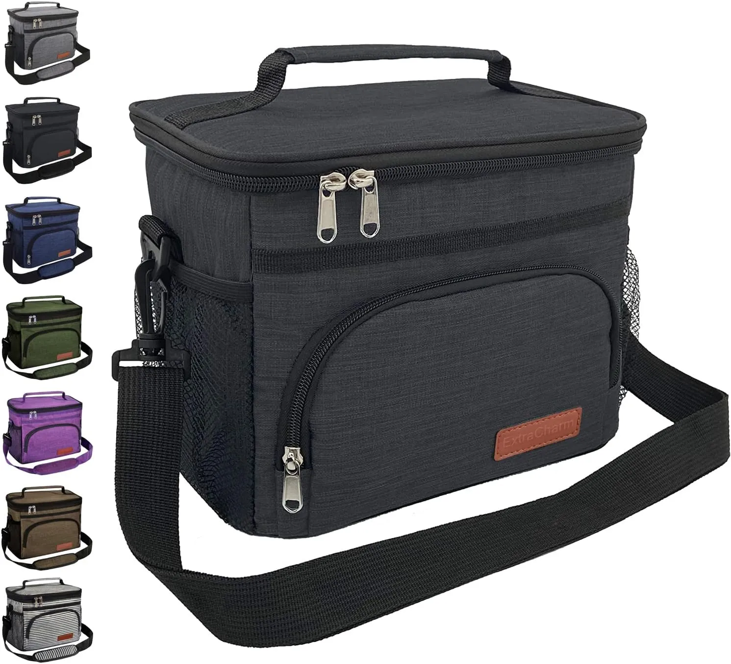 ExtraCharm Insulated Lunch Bag for Women/Men - Reusable Lunch Box for Office Picnic Hiking Beach - Leakproof Cooler Tote Bag Organizer with Adjustable Shoulder Strap for Adults - Black